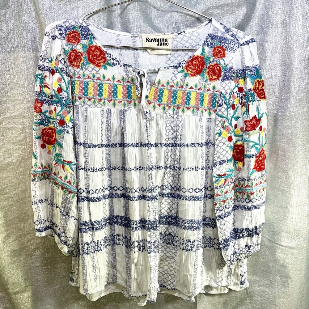 SAVANA JANE Boho Peasant Festival Embroidered Women's Blouse Top Size Small